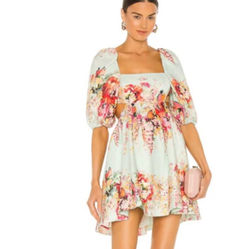 Zimmermann Mae Cut Out Mini Dress in Mint Floral